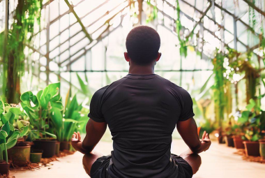 Yoga and Greenhouse Gardening with a man sitting in lotus position in a greenhouse