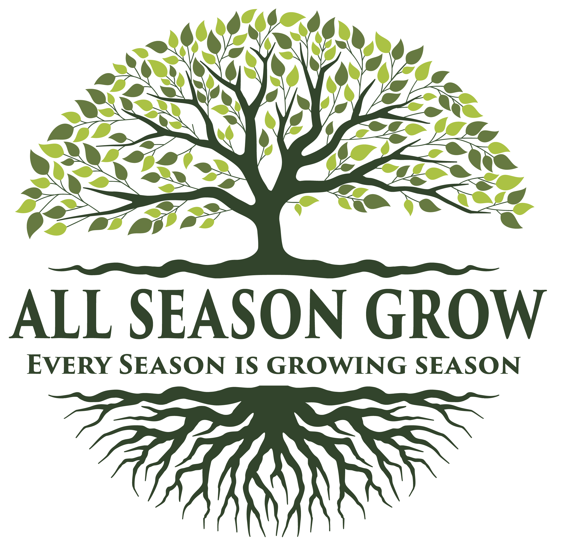 All Season Grow Logo green tree with roots and word: All Season Grow. Every Season is Growing Season