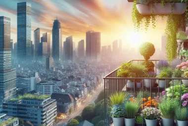 urban gardening projects on balconies and on window sills in a cityscape